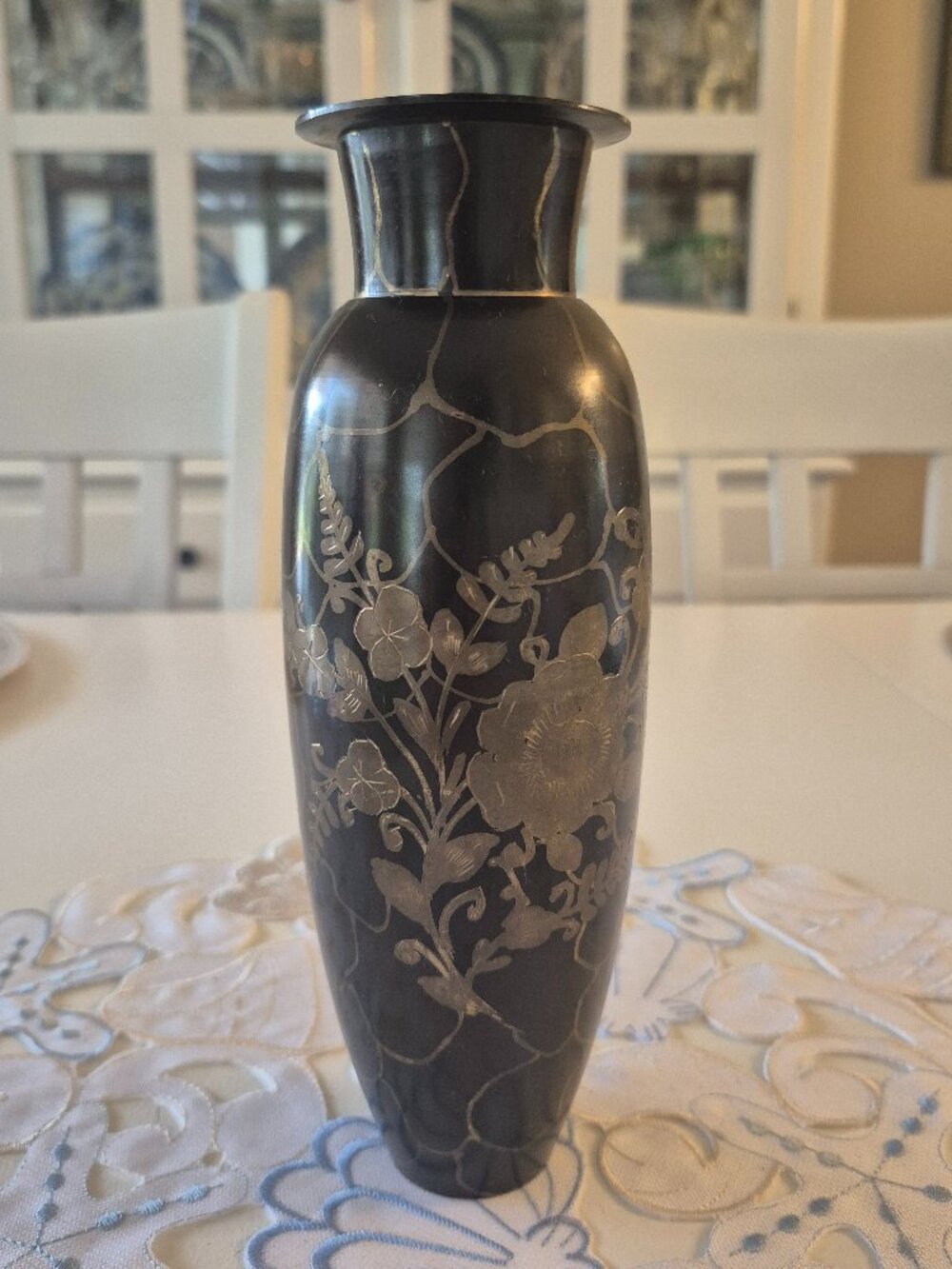 Vintage Black Anodized Brass Intricately Etched Floral Design 9" tall India